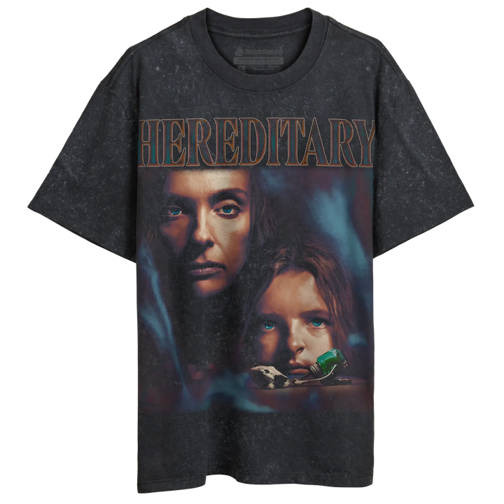 Dark gray, distressed-look t-shirt with a ’Hereditary’ movie poster graphic.