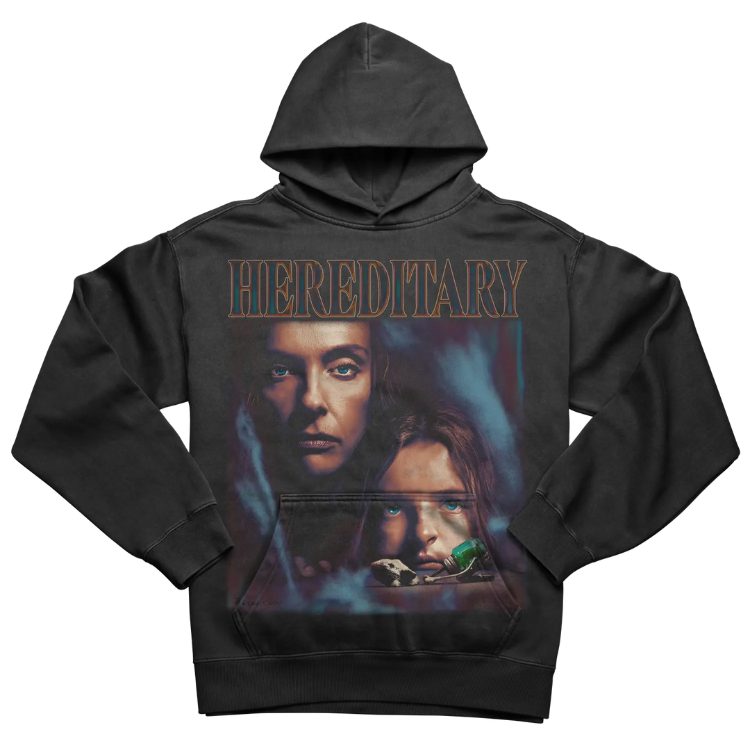 Black ’Hereditary’ hooded sweatshirt with a graphic print of two faces.