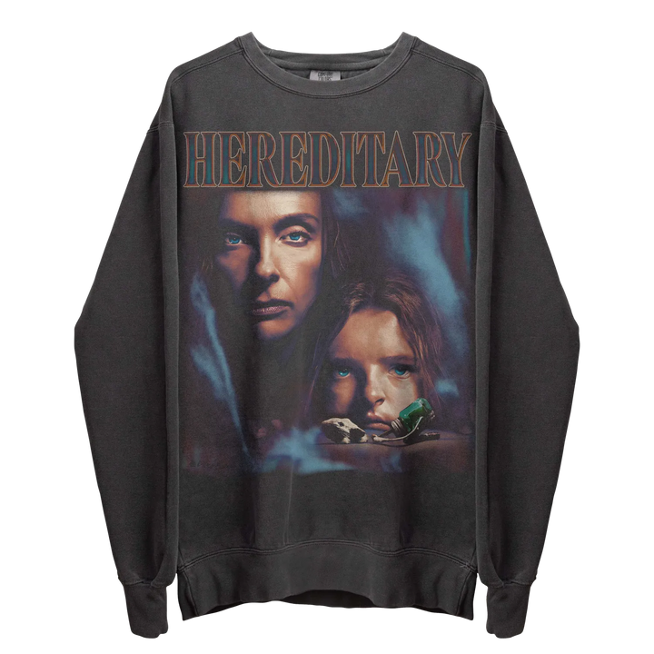 Dark gray long-sleeve sweatshirt with a ’Hereditary’ movie graphic print.