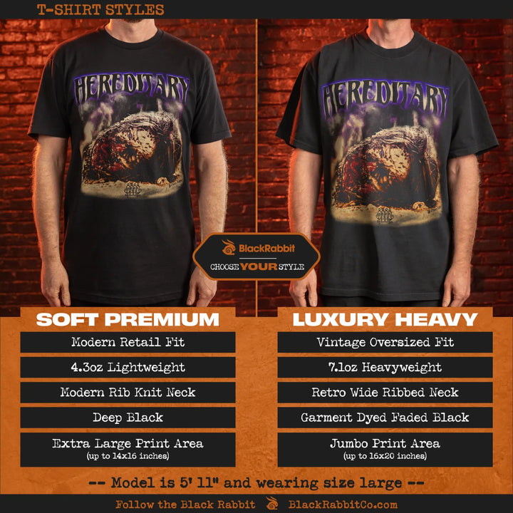 Two t-shirt styles, Soft Premium and Luxury Heavy, with different fits, weights, necklines, colors, and print areas.