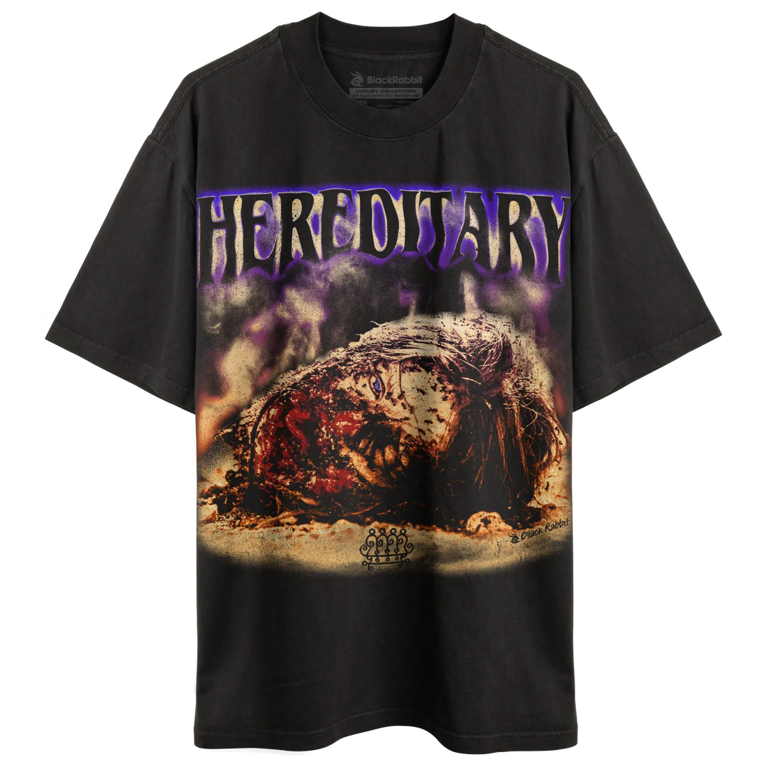 Black t-shirt with a gory, purple-tinged graphic.