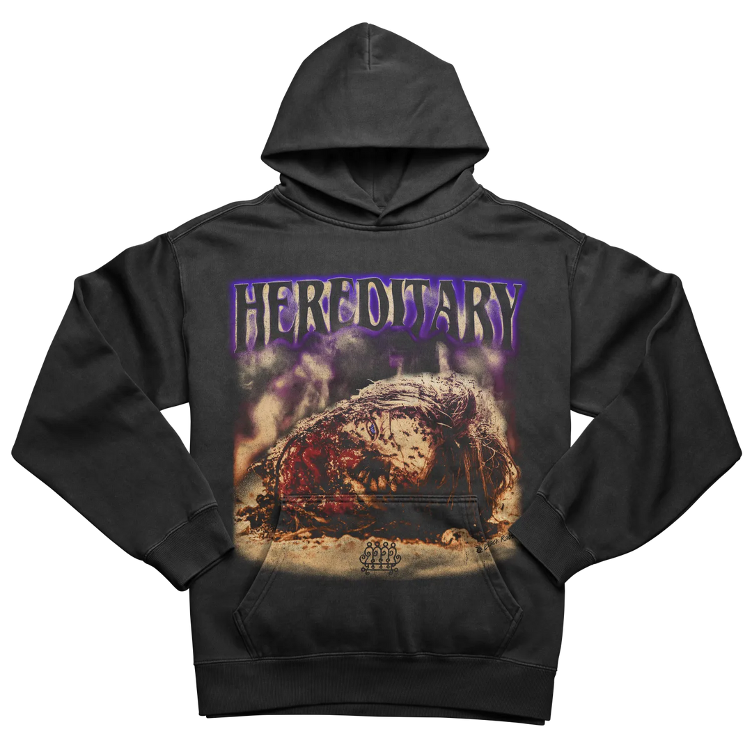 Dark grey ’Hereditary’ hooded sweatshirt with a graphic print of a bloody, dismembered head.