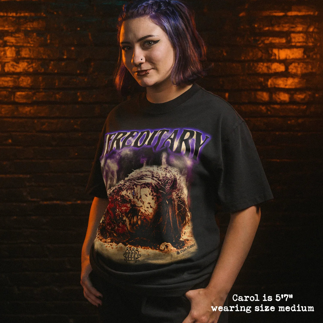 Model wearing heavy tee with hereditary graphic 
