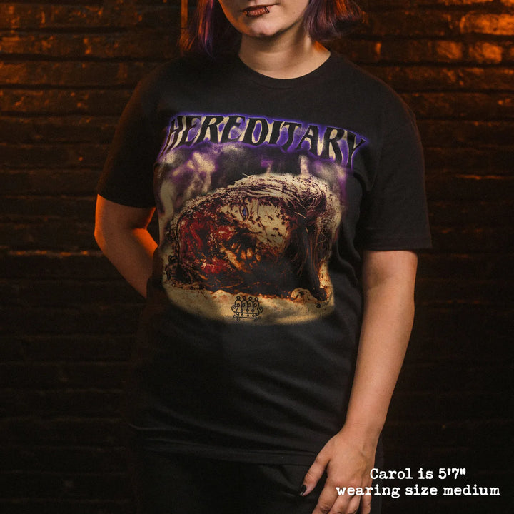 model wear soft premium tee with hereditary head graphic
