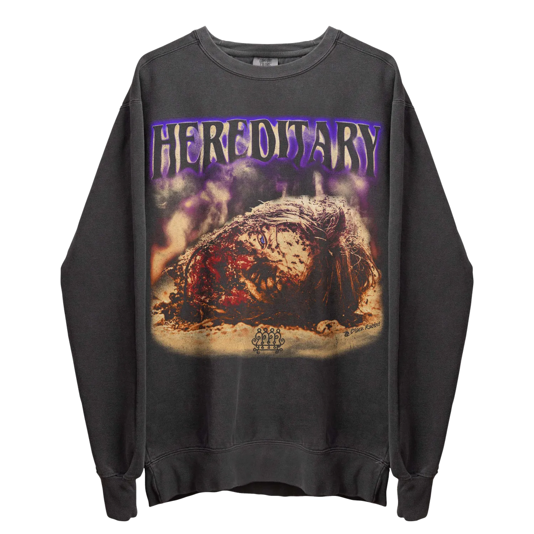 Distressed black long-sleeved sweatshirt with a horror movie graphic.