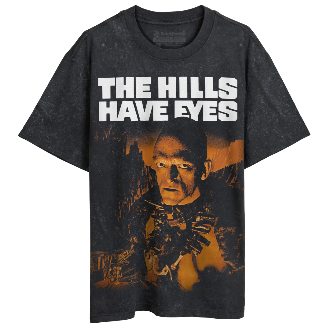 Black t-shirt with ’the hills have eyes’ graphic design and distressed look.