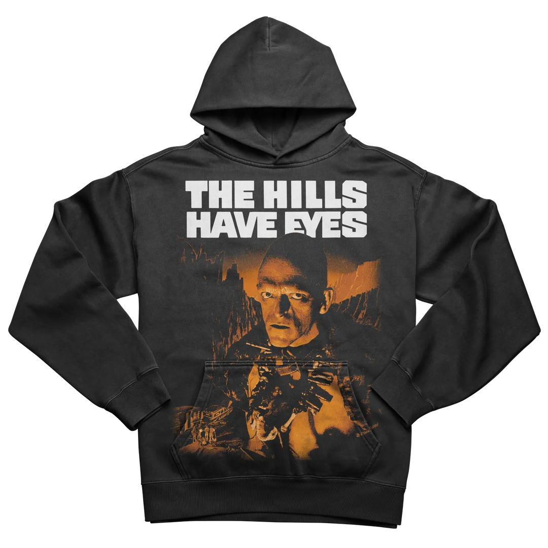 Black hoodie with ’the hills have eyes’ graphic design and hood.