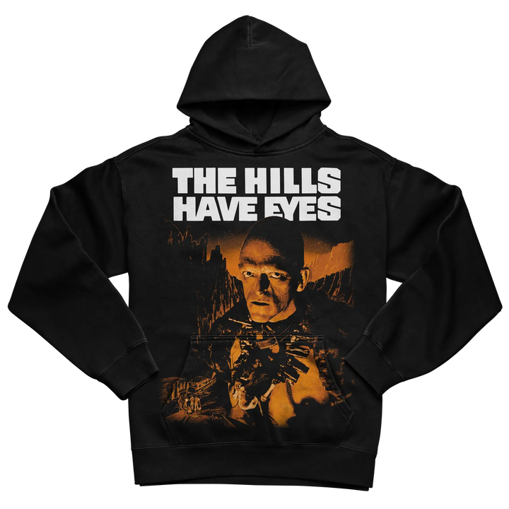 Black hoodie with ’the hills have eyes’ graphic design and hood.
