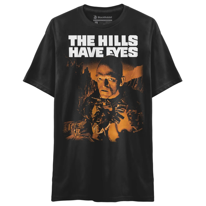Black t-shirt with ’the hills have eyes’ graphic design featuring a man holding a gun.