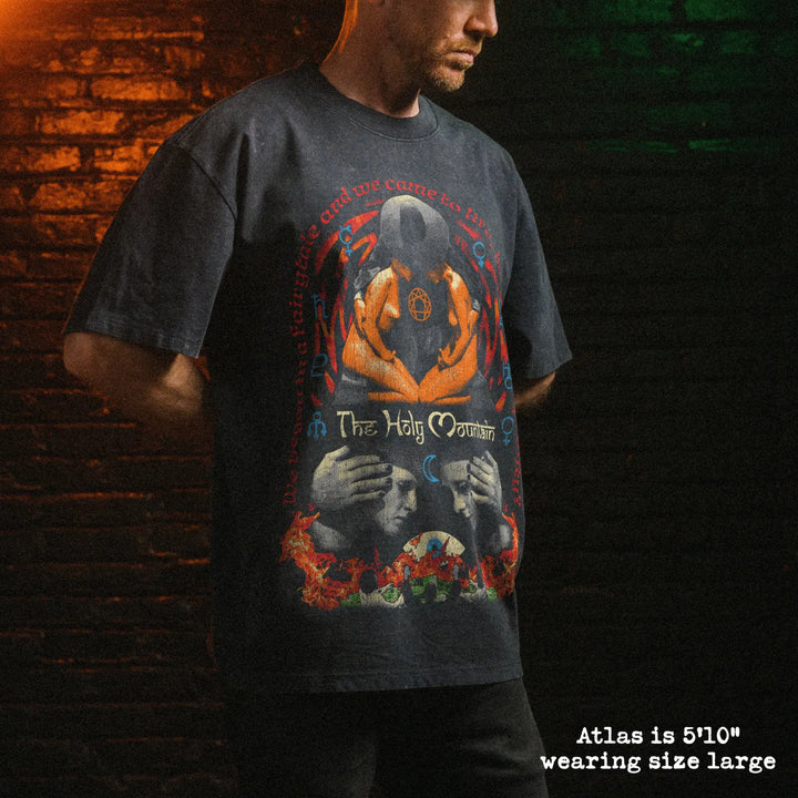 Male model wearing stone wash heavy tee with holy mountain graphic 
