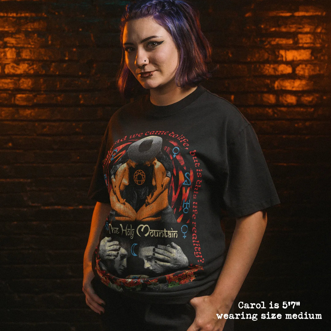 Model wearing heavy tee with holy mountain graphic 