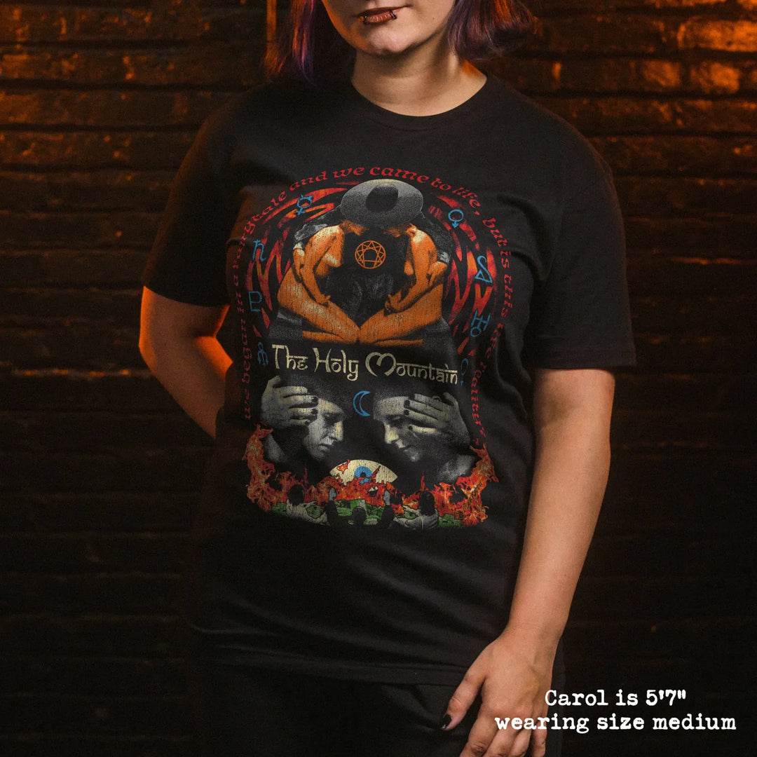 model wear soft premium tee with holy mountain graphic
