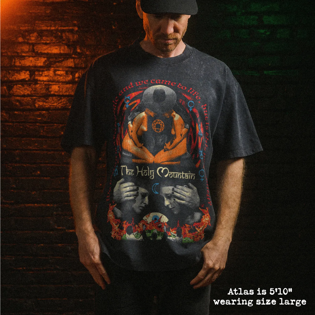 Male model wearing stone wash heavy tee with holy mountain graphic 