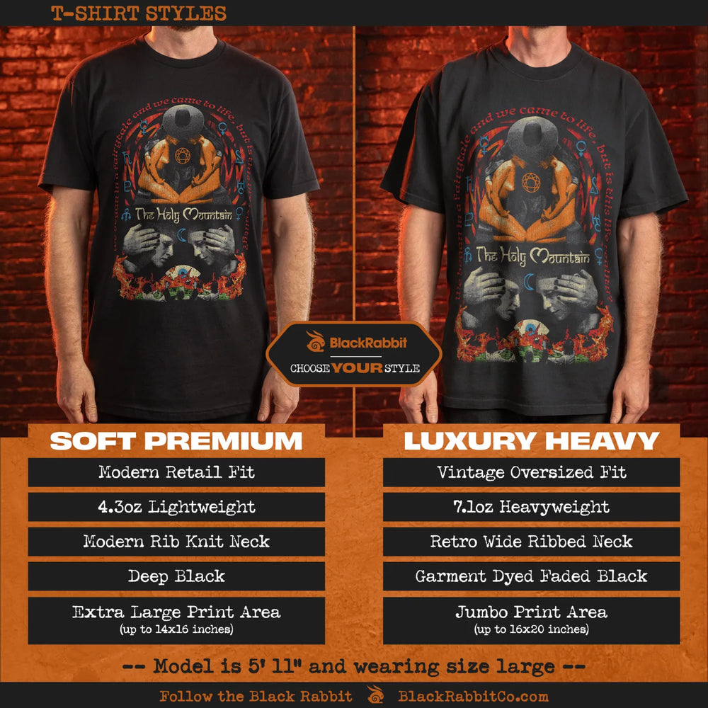 Black t-shirt with graphic design of a skull and wings, 4.3oz lightweight material, modern rib knit neck, deep black color, jumbo print area up to 20x16 inches, vintage oversized fit