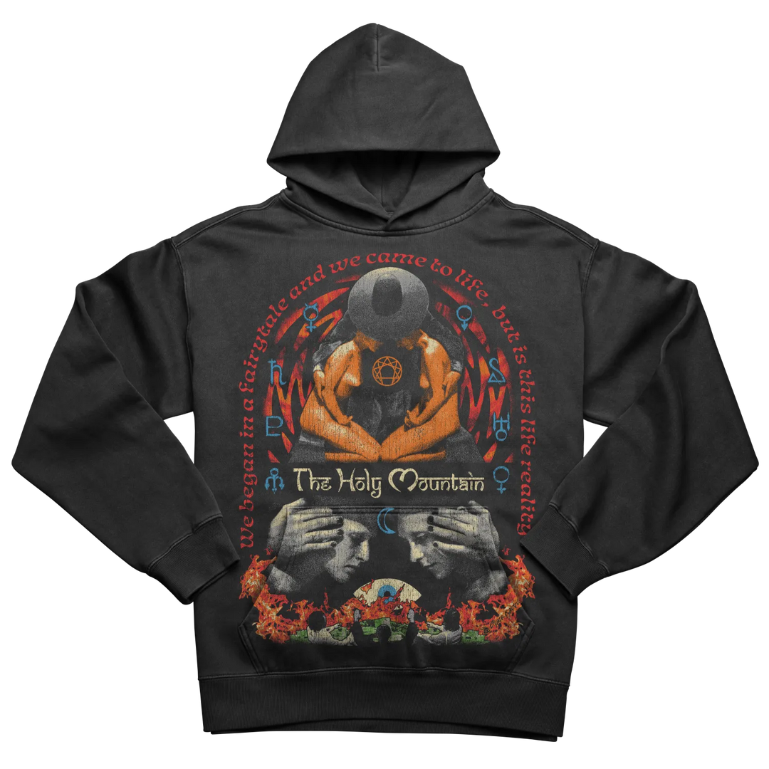 Black hoodie with graphic design of hands holding a skull, flames at the bottom.