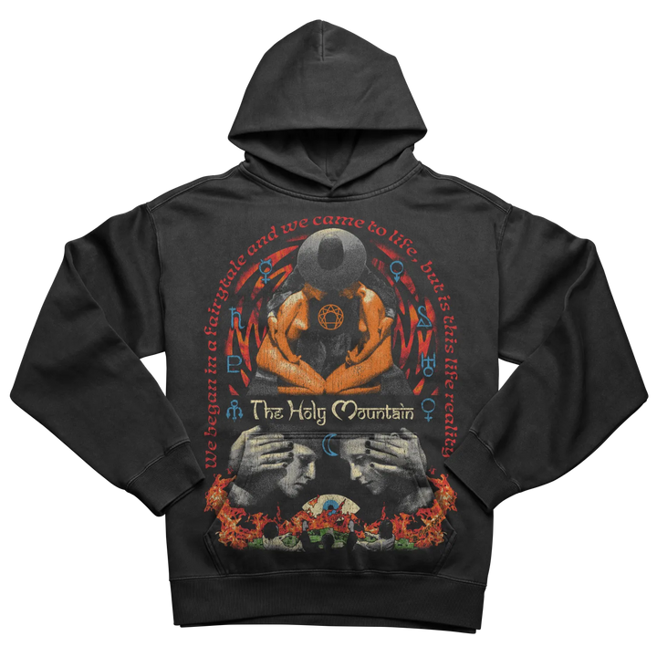 Black hoodie with graphic design of hands holding a skull, flames at the bottom.