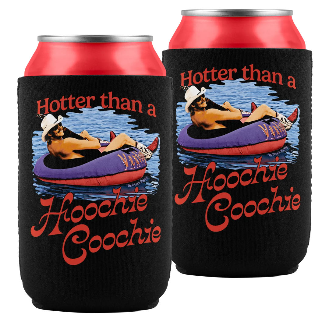 Two black beverage can coolers with red tops and a humorous graphic.