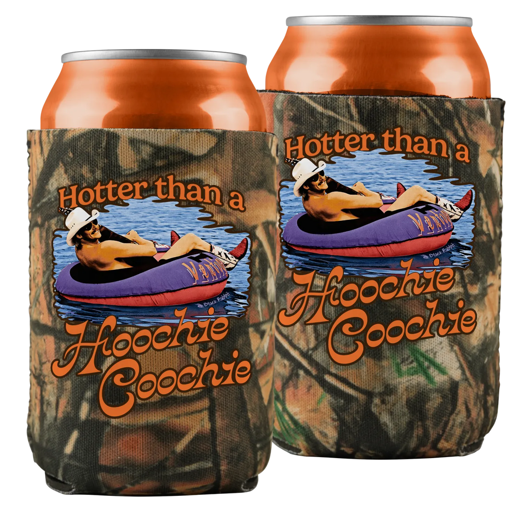 Two camouflage beverage insulators with a humorous graphic and text.