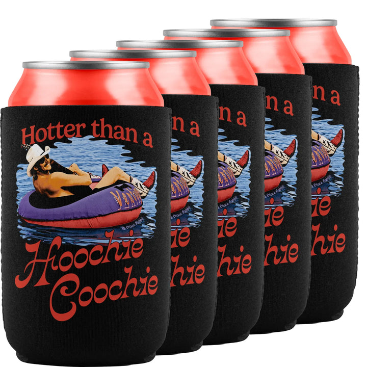 Six black neoprene can coolers with a design of a person floating on water.