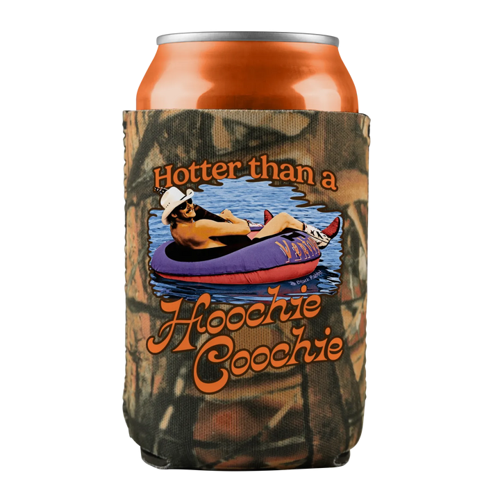 Camouflage can cooler with a man floating in a tube.