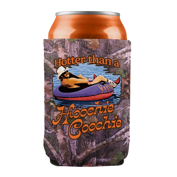 Orange can cooler with camouflage pattern featuring a man in a white hat lounging on an inflatable tube.