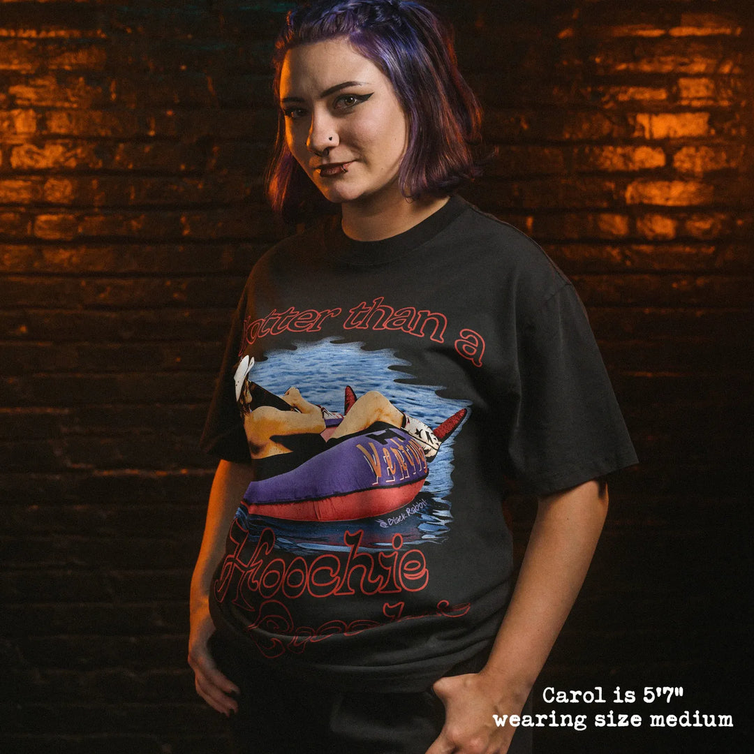Model wearing heavy tee with hoochie graphic 