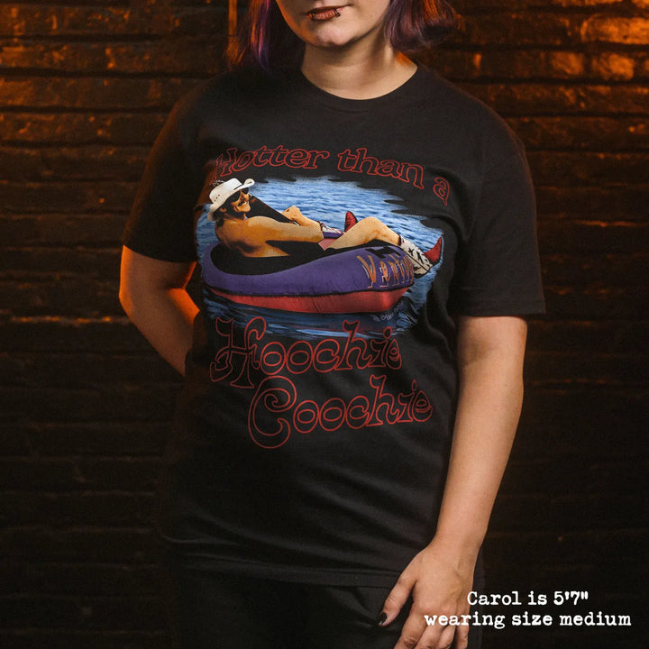 Model wearing black t-shirt with hoochi graphic
