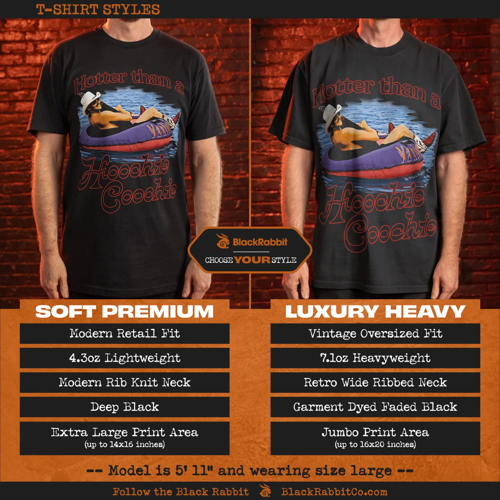 Two black t-shirts of different styles displayed on models.