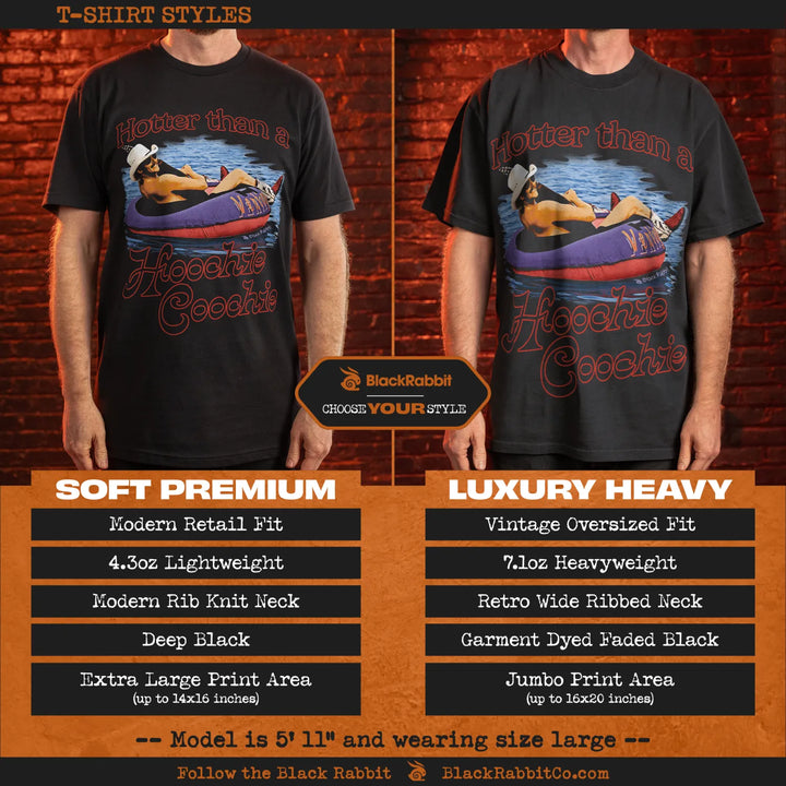 Two black t-shirts of different styles displayed on models.