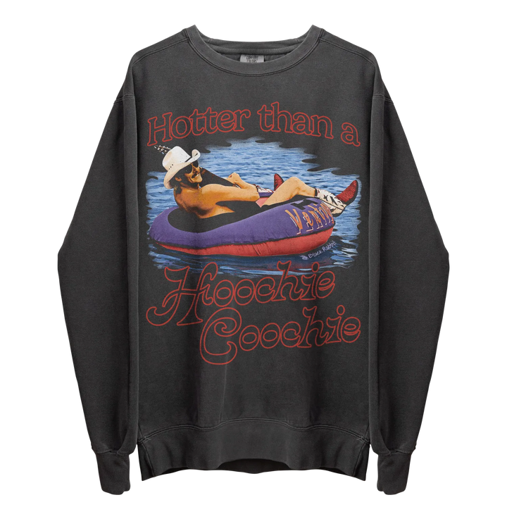 Black crewneck sweatshirt with a graphic of a man in a cowboy hat on an inflatable float.