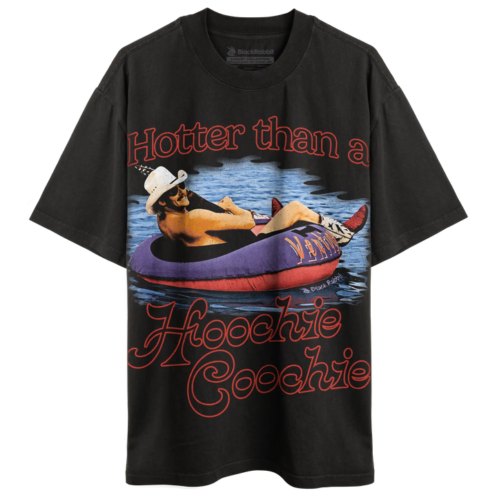 Black t-shirt with a graphic of a man in a tube on water.
