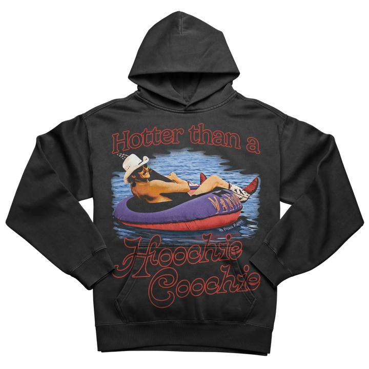Black hooded sweatshirt with a graphic print.