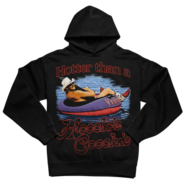 Black hoodie with graphic design of a person on an inner tube, ’hotter than a hippie coochie’ text in red and white.
