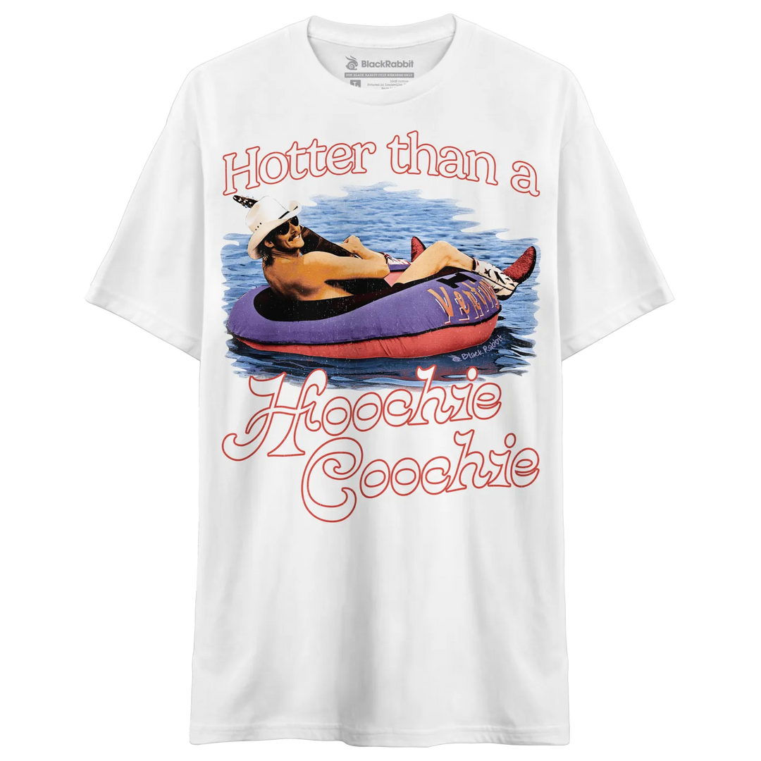 White short-sleeved t-shirt with a graphic of a man floating in water and red text.