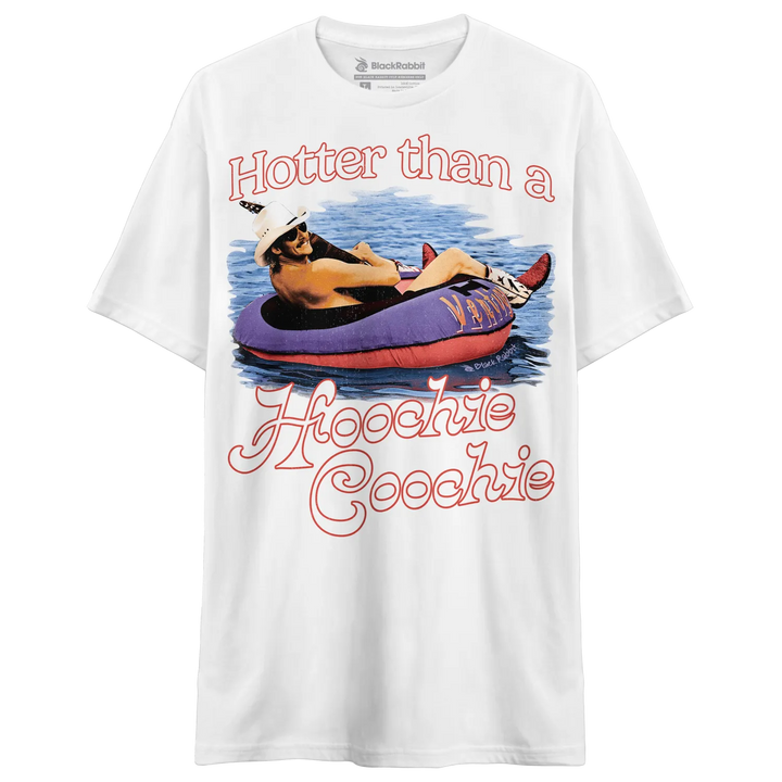 White short-sleeved t-shirt with a graphic of a man floating in water and red text.
