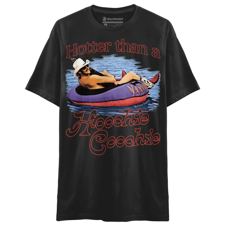Black short-sleeve graphic t-shirt with a man in a cowboy hat floating in water.