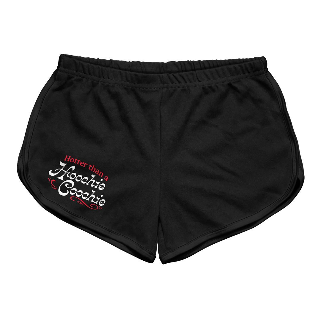 Black athletic shorts with a white and red ’hotter than a hoochie coochie’ graphic on the left leg.