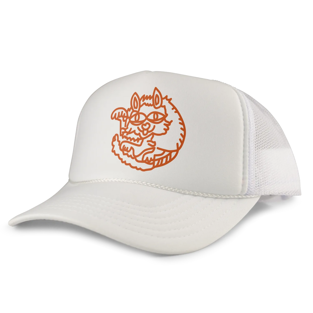 White trucker hat with an orange line-art illustration of a cartoonish, furry creature wearing glasses on the front panel.