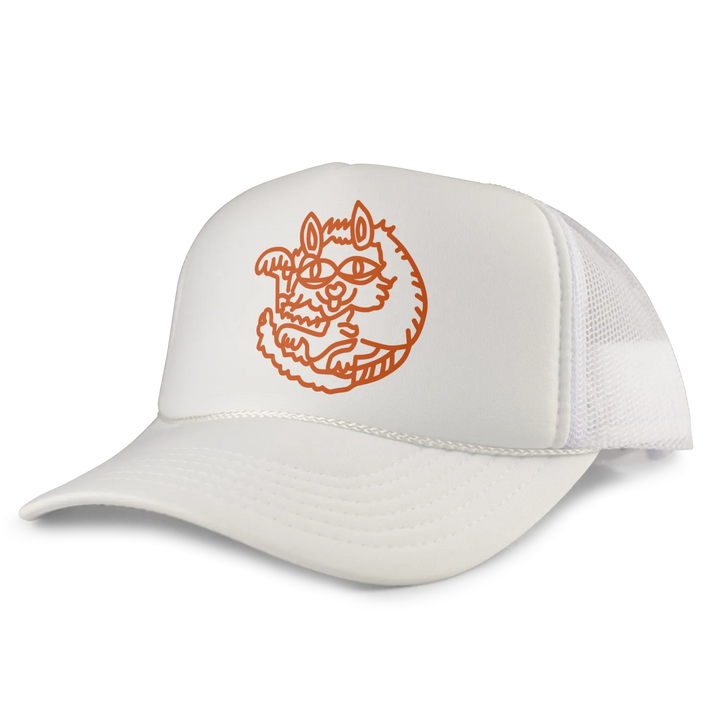White trucker hat with an orange line-art illustration of a cartoonish, furry creature wearing glasses on the front panel.