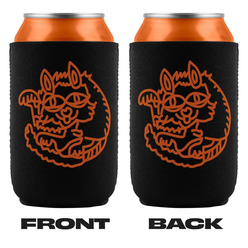 Two black can coolers with orange cat design.