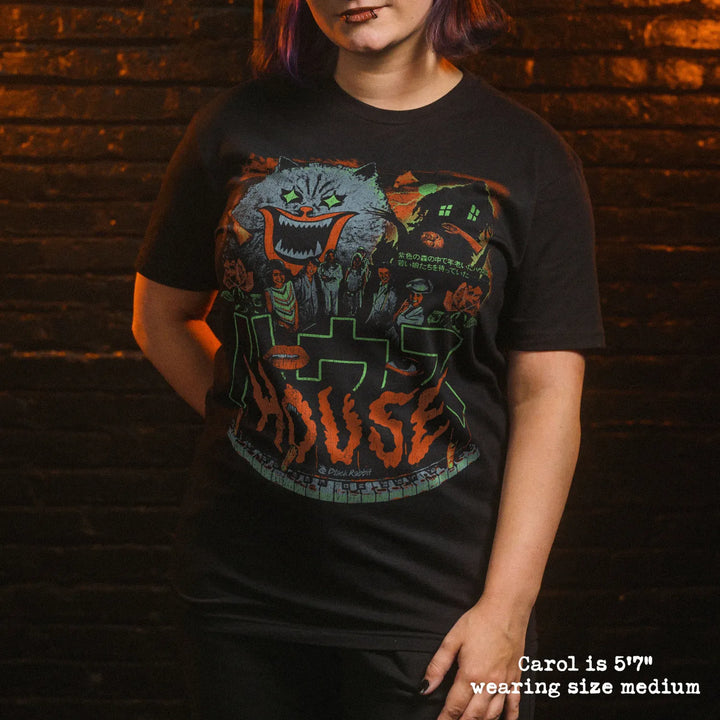 model wear soft premium tee with hausu graphic
