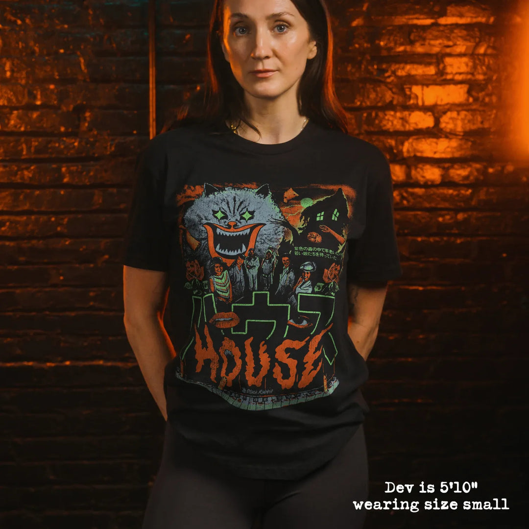 model wear soft premium tee with hausu graphic
