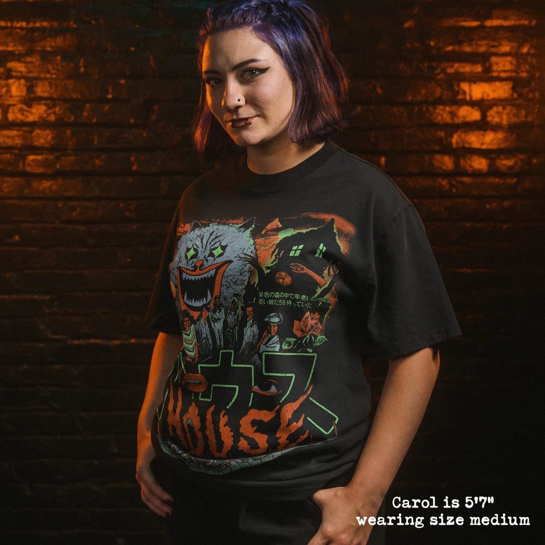 Model wearing heavy tee with hausu graphic 