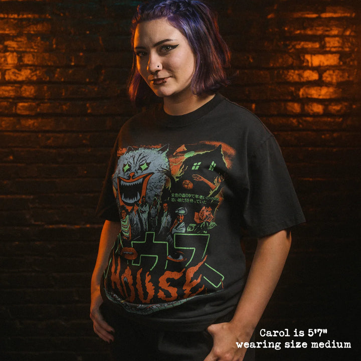 Model wearing heavy tee with hausu graphic 