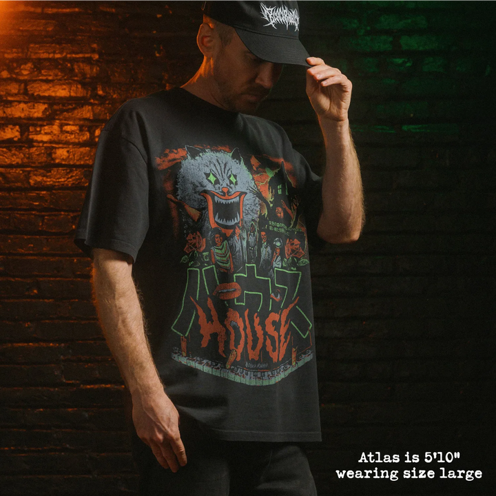 Model wearing heavy tee with hausu graphic 