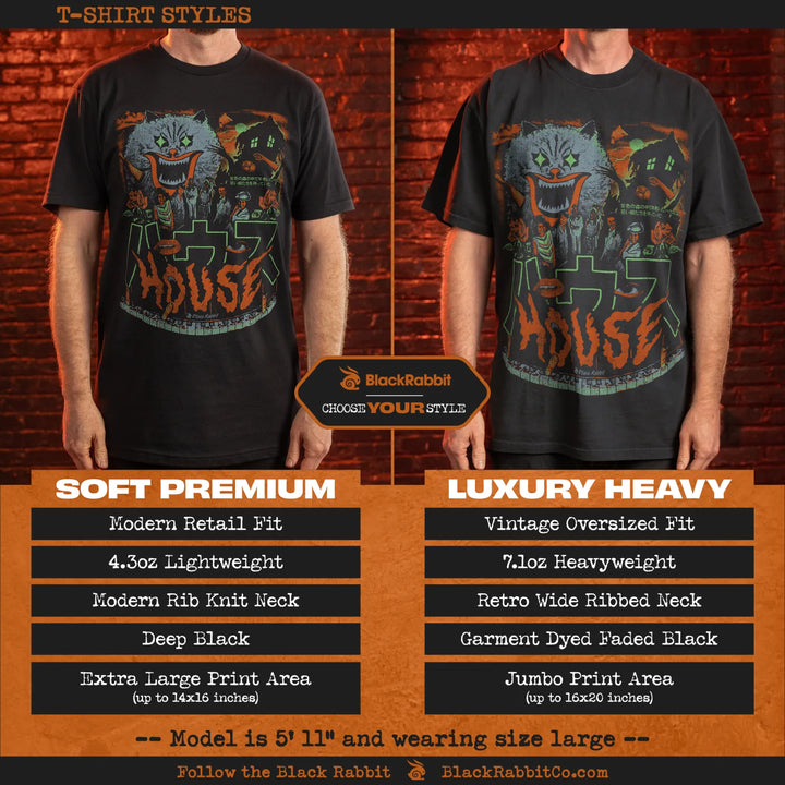 Two black t-shirts in different styles, featuring a graphic print of a monster and a house.