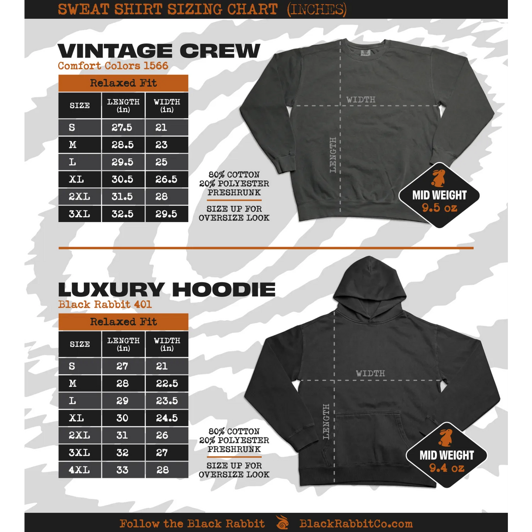 Sweatshirt and hoodie sizing chart.