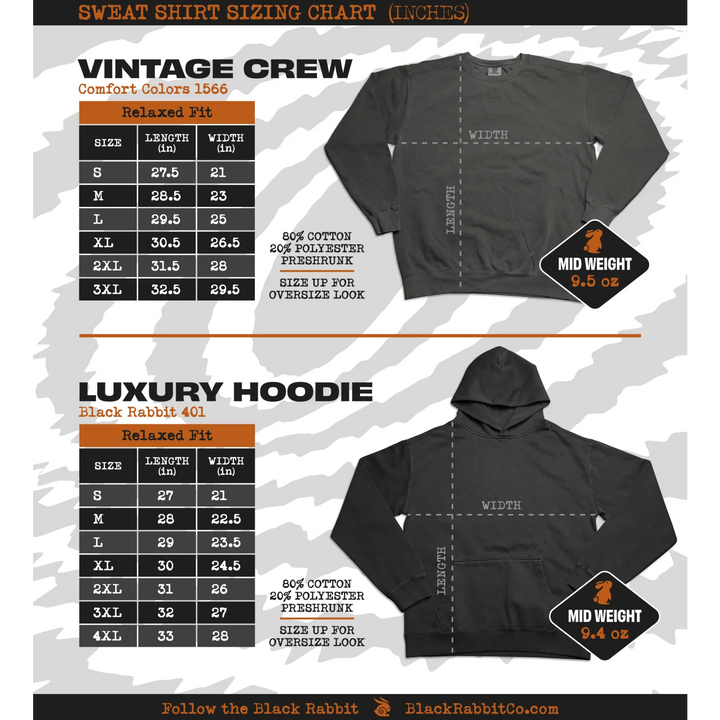 Sweatshirt and hoodie sizing chart.