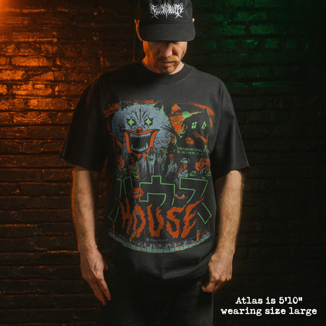 Model wearing heavy tee with hausu graphic 