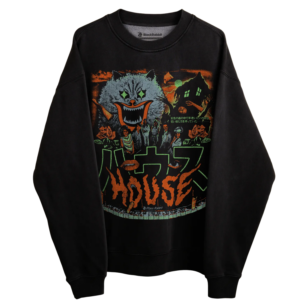 Black crewneck sweatshirt with ’house’ graphic design featuring a horror movie poster.